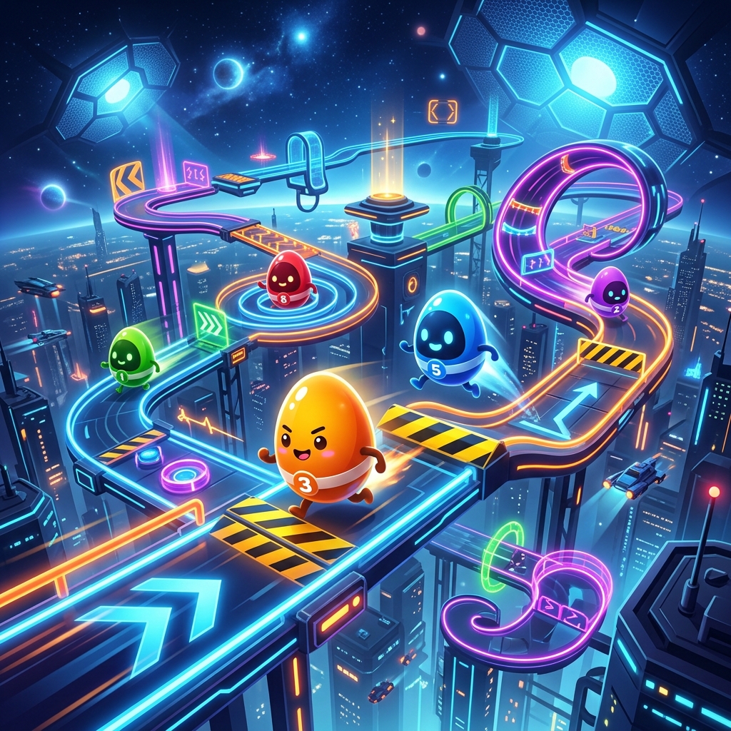 Only 1win (Only-1-Win) Game Concept - Egg characters on obstacle course