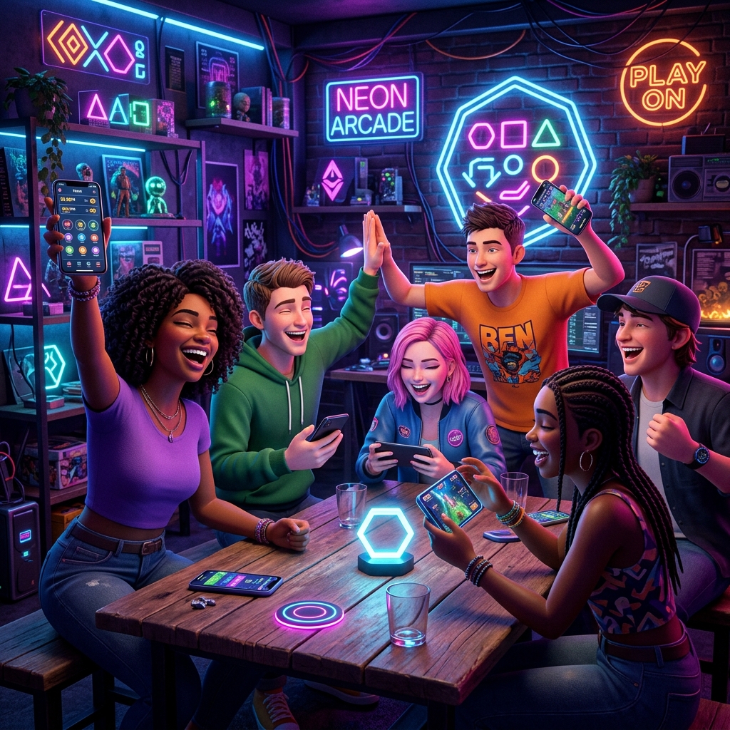 Friends enjoying party games on mobile devices